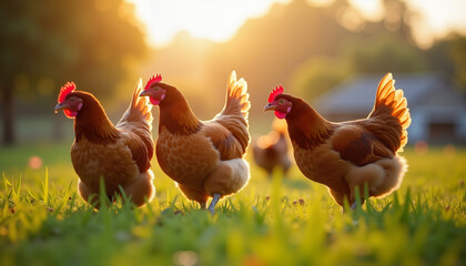 Three chickens roaming on a farm at sunset