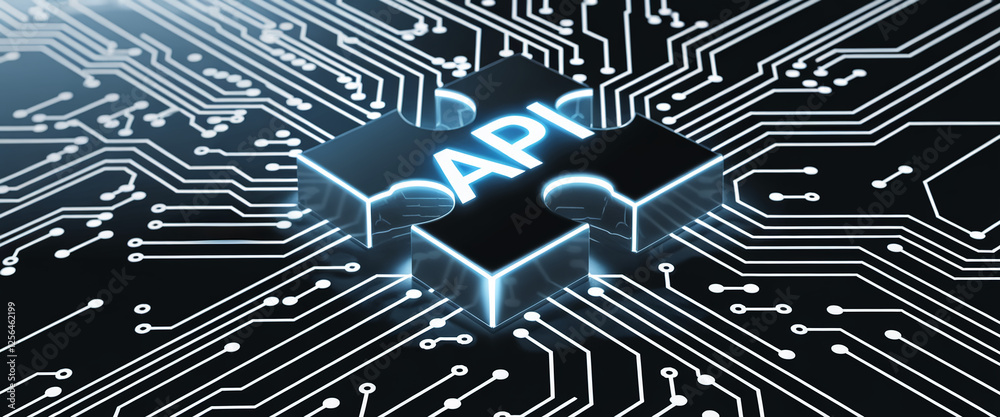Poster Close-up of an API puzzle piece fitting into a circuit board, symbolizing integration and connectivity in modern technology, software development, and digital transformation.