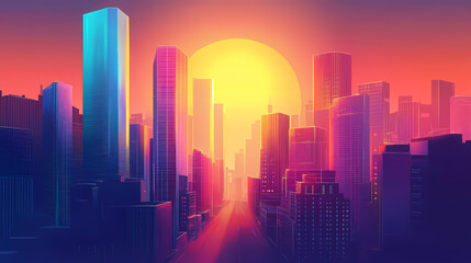 Fototapeta premium Futuristic cityscape at sunset, gleaming skyscrapers with vibrant digital pathways. Golden Hour Cyberpunk. Illustration