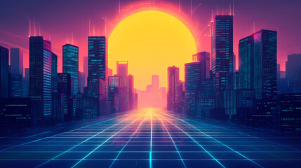 Futuristic cityscape at sunset, gleaming skyscrapers with vibrant digital pathways. Golden Hour Cyberpunk. Illustration