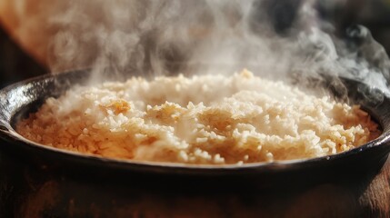 Close-up of rice cooking in a traditional clay pot. Featuring bubbling and steaming rice. Emphasizing traditional cooking methods. Ideal for culinary history and traditional recipe documentation.