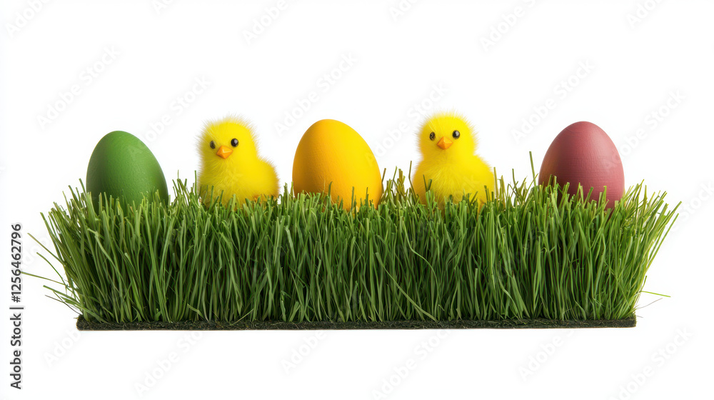 Wall mural easter community event. Colorful Easter centerpiece with chicks and eggs on grass