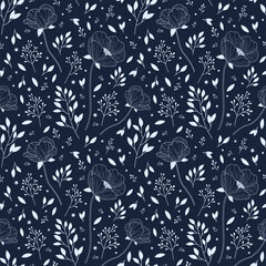 Botanical vector seamless pattern wallpaper line art of leaves and flowers. Luxurious hand-drawn foliage design with a minimalistic linear outline in a simple style. Design for fabric, print, cover, b