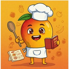 Illustration of an animated chef's apron sleeve holding a wooden spoon and vibrant recipe book in cartoon style