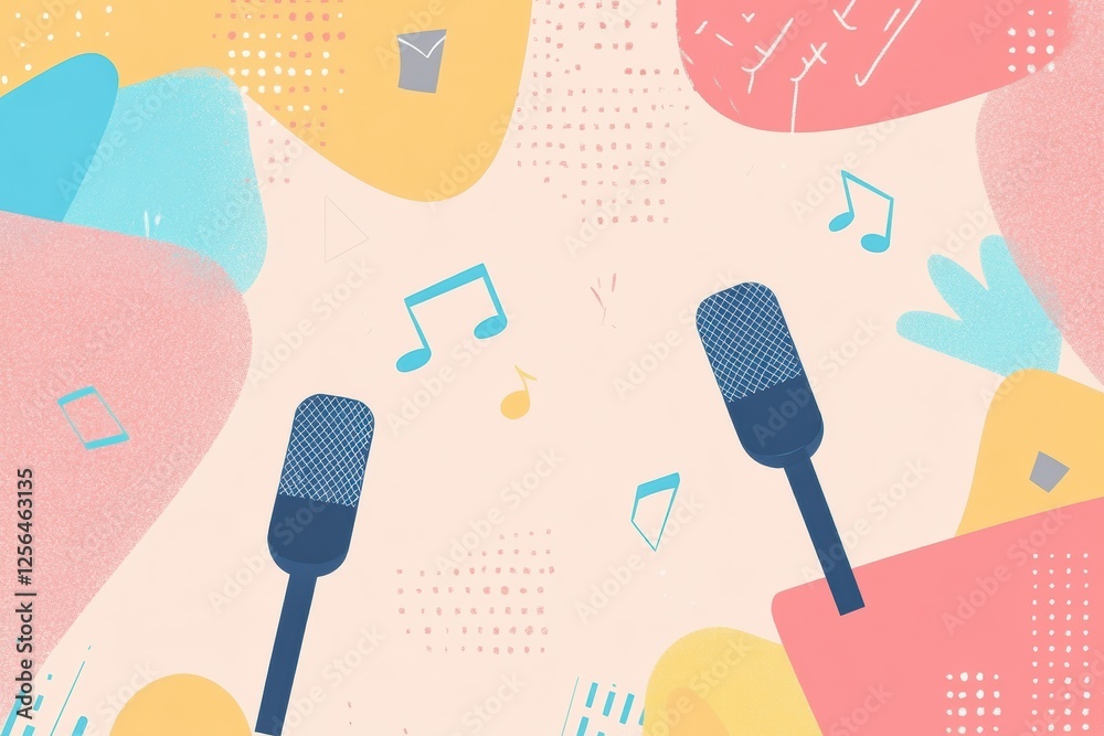 Poster minimalist k pop inspired background featuring vibrant music notes and microphones for an energetic 
