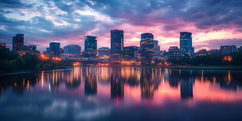 Fototapeta premium Skyline with Lit-Up Buildings and a Peaceful Night View