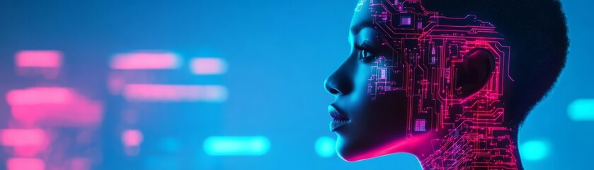 Cyberpunk warrior with glowing circuitry embedded in their skin, neon city background