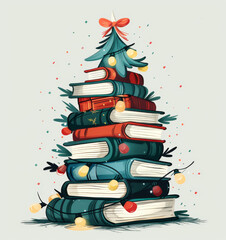 A Christmas tree made of stacked books