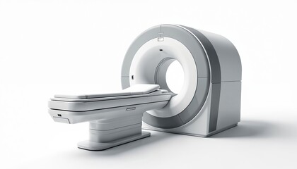 Sleek white MRI CT scanner, modern medical imaging tech for health diagnostic. Advanced hospital equipment with magnetic resonance, x-ray, tomography, three-dimensional imaging innovation on white