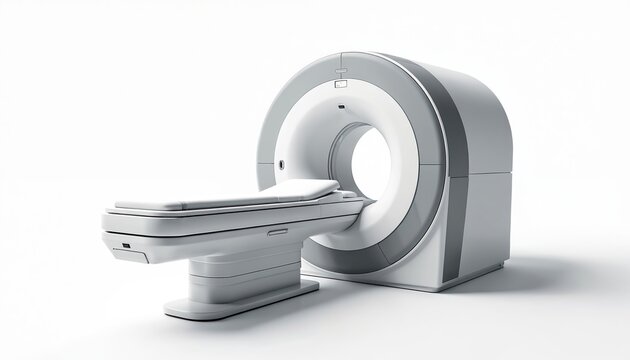 Sleek white MRI CT scanner, modern medical imaging tech for health diagnostic. Advanced hospital equipment with magnetic resonance, x-ray, tomography, three-dimensional imaging innovation on white