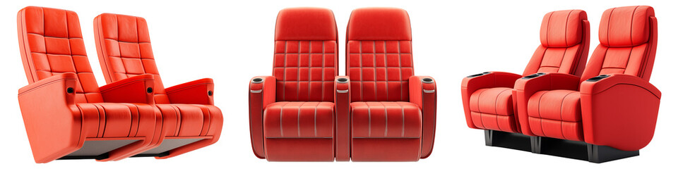 Naklejka premium Set of red cinema seats isolated on a transparent background. Theater chairs with armrests and cup holders for home or public cinemas. Multiple views of seats