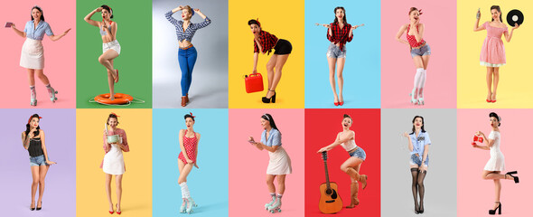 Collage of beautiful pin-up women on color background