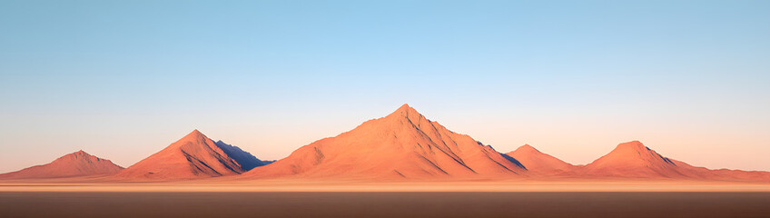 Naklejka premium A panoramic view of desert mountains against a serene sky, creating a landscape of sand and rock formations under the soft glow of light.