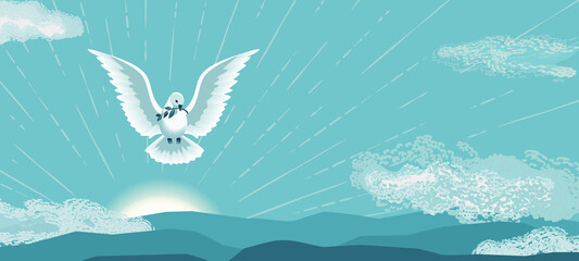Flying Dove Holy Spirit hand drawn illustration. Lent Holy Week, Pentecost, Trinity Sunday concept. Dove with olive branch sacrament biblical symbol. Christian church celebration background