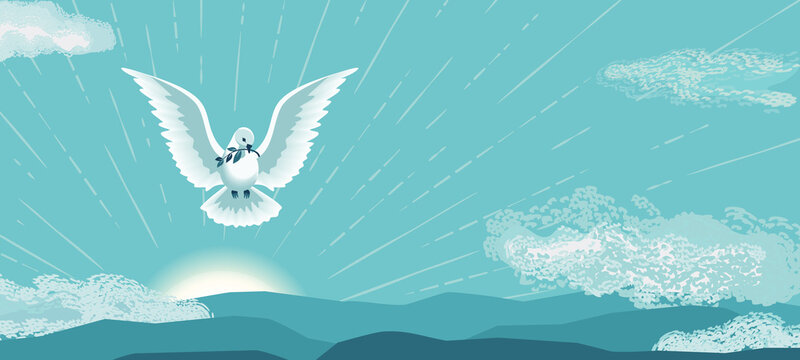 Flying Dove Holy Spirit hand drawn illustration. Lent Holy Week, Pentecost, Trinity Sunday concept. Dove with olive branch sacrament biblical symbol. Christian church celebration background
