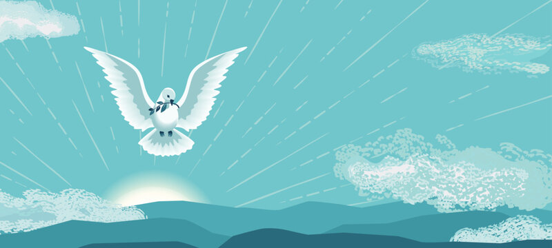 Flying Dove Holy Spirit hand drawn vector illustration. Lent Holy Week, Pentecost, Trinity Sunday concept. Dove with olive branch sacrament biblical symbol. Christian church celebration background