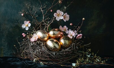 A nest of gold eggs is surrounded by pink flowers