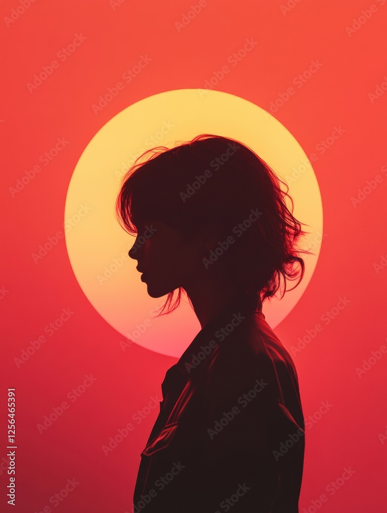 Aufkleber Model silhouette against a glowing sunset backdrop creating a minimalist aesthetic with ample space for text. Generative AI