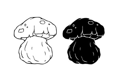 Line sketch,silhouette,stamp of porcini mushrooms.Decorative doodles of vegetables.Vector graphics.