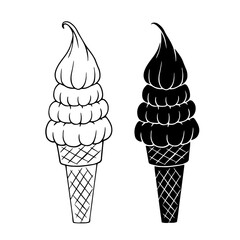 Line sketch,silhouette,stamp of summer ice cream dessert in a waffle cone.Vector graphics.