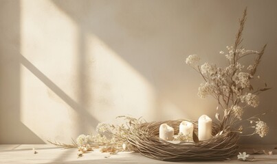 A white wall with a wicker basket of candles and flowers on it