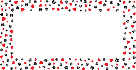 Rectangular frame with pet paw prints and bone and red heart with blank space for text. Silhouette border of dog or cat paw prints Pet paw prints frame for decorating shop windows, websites. Vector © Sviatlana