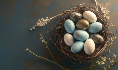 A nest of eggs with a blue and white egg in the middle