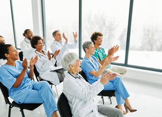 seminar business meeting doctor conference audience presentation education lecture hospital event training clapping applauding happy smiling group convention congress speech student