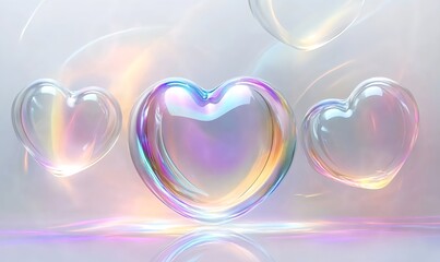 Glittery heart shaped bubbles on a rainbow light background.Valentine's card, space for text.