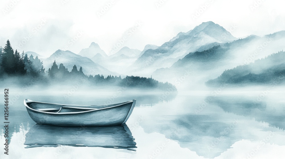 Poster serene watercolor depiction of a tranquil rowboat on a calm mountain lake beneath a blank sky for te