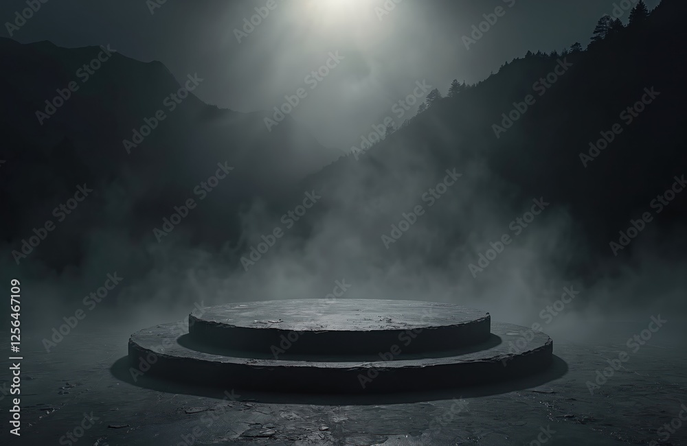 Poster two-tiered dark podium in smoky, foggy room with mountain backdrop. stone product platform with rust