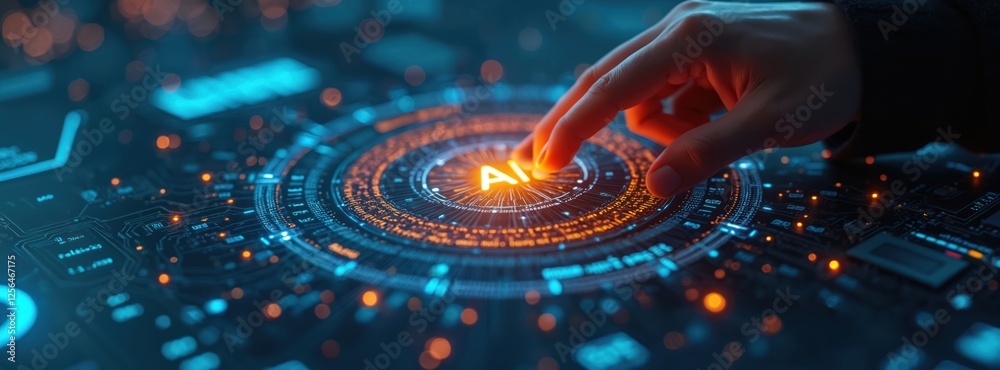 Poster Finger touches virtual screen with orange AI inscription, surrounded by glowing digital circuit board, nodes, hi-tech elements. Artificial intelligence powers digital transformation in information