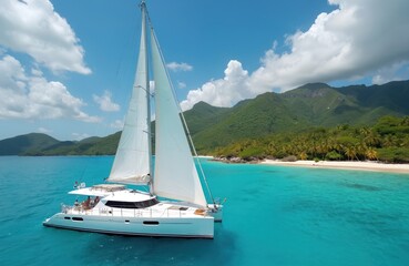 White sailing catamaran yacht sails near tropical island coast with palm trees beach. Summer sunny day. Luxury sea travel vacation, rent boat adventure tourism. People relax on board.