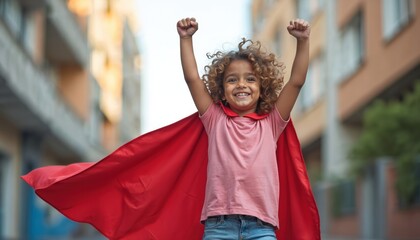 Happy child with curly hair in red cape stands triumphantly in city with raised fists, courage, unrestrained joy, victory, freedom. Cheerful superhero kid smiles. Inspiration, aspiration, wonder
