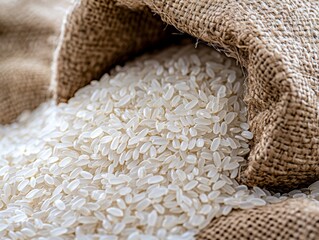Close-up of rice grains in a burlap sack. Featuring the texture and natural color of the grains. Emphasizing the rustic and organic nature of raw rice. Ideal for agricultural blogs and food packaging.