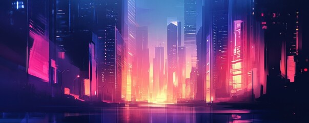 Fototapeta premium Futuristic neon cityscape with vibrant lights and towering skyscrapers at night