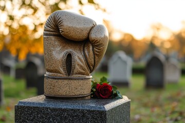 Boxing glove with a rose on top of a grave marker