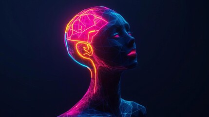 Low-poly humanoid glowing with pulsating neon light, abstract digital art