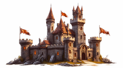 Medieval fantasy castle with towers and flags at dusk, white isolate background. Gargoyle Kingdoms. Illustration