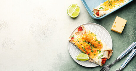 Tasty cooked enchilada on color background