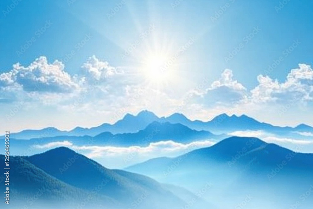 Aufkleber Majestic mountain range under soft clouds and bright sun with open space for creativity. Generative AI