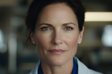 Naklejka premium Confident caucasian female adult doctor with calm demeanor in professional setting