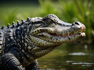 Fototapeta premium Close Up of a Crocodile in Water Hunting in South America Wetlands