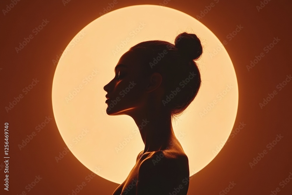 Poster Silhouette of a model in minimalist style against a glowing sunset background with ample space for text. Generative AI
