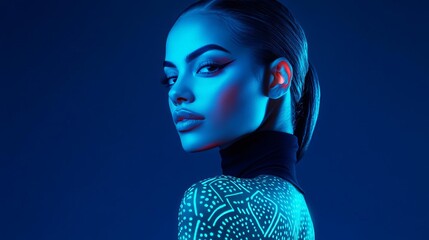 Mystical woman with bioluminescent tattoos glowing in the dark, deep contrast lighting