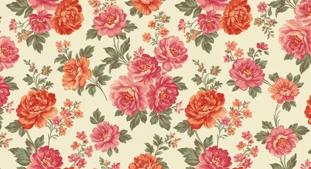A seamless floral pattern featuring vibrant pink, orange and red flowers with delicate green leaves