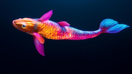 Obraz premium Mythical mermaid with glowing scales, neon bioluminescence illuminating dark waters