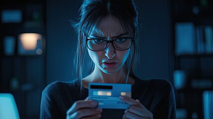 Frustrated woman holding a card and phone, facing issues with an online payment, expressing anger over declined transactions or unexpected obstacles