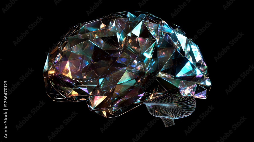 Poster a hologram of the brain. the brain consists of polygons, triangles of dots and lines. the brain is a