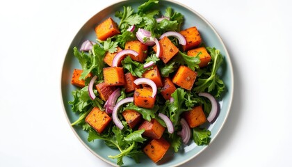 Overhead vibrant salad with roasted sweet potato, arugula, onion. Colorful dish with fresh leafy greens, herbs, balanced vegetarian lunch, dinner. Healthy lifestyle, clean eating, dietary nutrition.